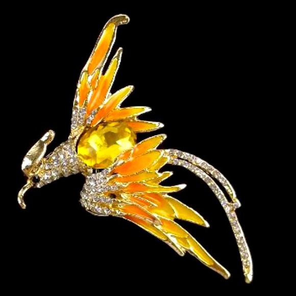Enameled Rhinestone Phoenix Fire Bird Brooch - Picture 1 of 2